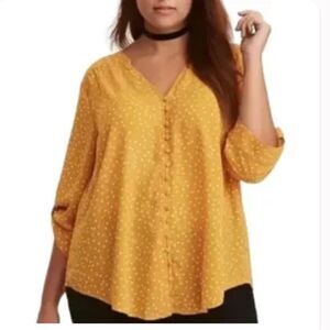 Torrid Yellow and White Polka Dot Roll Tab Sleeve Button Up Blouse 1X